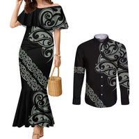 All Black Maori Tribal Tattoo Personalised Couples Matching Mermaid Dress and Long Sleeve Button Shirt Moss Green Polynesian Style LT9 Green - Polynesian Pride