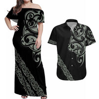 All Black Maori Tribal Tattoo Personalised Couples Matching Off Shoulder Maxi Dress and Hawaiian Shirt Moss Green Polynesian Style LT9 Green - Polynesian Pride