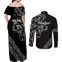 All Black Maori Tribal Tattoo Personalised Couples Matching Off Shoulder Maxi Dress and Long Sleeve Button Shirt Moss Green Polynesian Style LT9 - Polynesian Pride