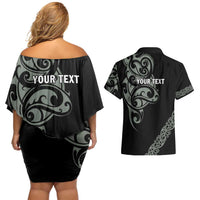 All Black Maori Tribal Tattoo Personalised Couples Matching Off Shoulder Short Dress and Hawaiian Shirt Moss Green Polynesian Style LT9 - Polynesian Pride