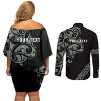 All Black Maori Tribal Tattoo Personalised Couples Matching Off Shoulder Short Dress and Long Sleeve Button Shirt Moss Green Polynesian Style LT9 - Polynesian Pride