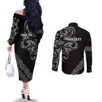 All Black Maori Tribal Tattoo Personalised Couples Matching Off The Shoulder Long Sleeve Dress and Long Sleeve Button Shirt Moss Green Polynesian Style LT9 - Polynesian Pride
