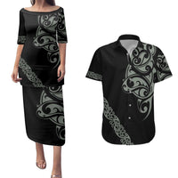 All Black Maori Tribal Tattoo Personalised Couples Matching Puletasi and Hawaiian Shirt Moss Green Polynesian Style LT9 Green - Polynesian Pride