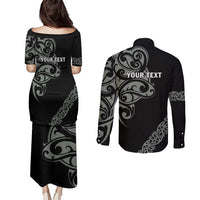 All Black Maori Tribal Tattoo Personalised Couples Matching Puletasi and Long Sleeve Button Shirt Moss Green Polynesian Style LT9 - Polynesian Pride