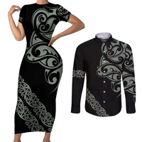 All Black Maori Tribal Tattoo Personalised Couples Matching Short Sleeve Bodycon Dress and Long Sleeve Button Shirt Moss Green Polynesian Style LT9 Green - Polynesian Pride