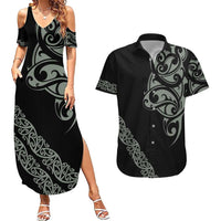 All Black Maori Tribal Tattoo Personalised Couples Matching Summer Maxi Dress and Hawaiian Shirt Moss Green Polynesian Style LT9 Green - Polynesian Pride