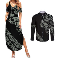 All Black Maori Tribal Tattoo Personalised Couples Matching Summer Maxi Dress and Long Sleeve Button Shirt Moss Green Polynesian Style LT9 Green - Polynesian Pride