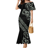 All Black Maori Tribal Tattoo Personalised Family Matching Mermaid Dress and Hawaiian Shirt Moss Green Polynesian Style LT9 Mom's Dress Green - Polynesian Pride