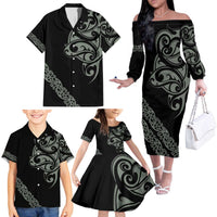 All Black Maori Tribal Tattoo Personalised Family Matching Off The Shoulder Long Sleeve Dress and Hawaiian Shirt Moss Green Polynesian Style LT9 - Polynesian Pride
