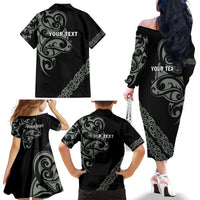 All Black Maori Tribal Tattoo Personalised Family Matching Off The Shoulder Long Sleeve Dress and Hawaiian Shirt Moss Green Polynesian Style LT9 - Polynesian Pride