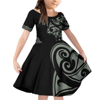 All Black Maori Tribal Tattoo Personalised Family Matching Off Shoulder Short Dress and Hawaiian Shirt Moss Green Polynesian Style LT9 Daughter's Dress Green - Polynesian Pride