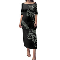 All Black Maori Tribal Tattoo Personalised Family Matching Puletasi and Hawaiian Shirt Moss Green Polynesian Style LT9 Mom's Dress Green - Polynesian Pride