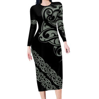 All Black Maori Tribal Tattoo Personalised Long Sleeve Bodycon Dress Moss Green Polynesian Style LT9 Long Dress Green - Polynesian Pride