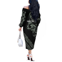 All Black Maori Tribal Tattoo Personalised Off The Shoulder Long Sleeve Dress Moss Green Polynesian Style LT9 - Polynesian Pride