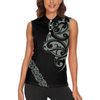 All Black Maori Tribal Tattoo Personalised Women Sleeveless Polo Shirt Moss Green Polynesian Style LT9 - Polynesian Pride