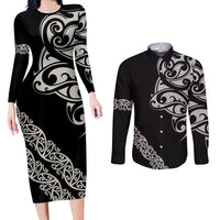 All Black Maori Tribal Tattoo Personalised Couples Matching Long Sleeve Bodycon Dress and Long Sleeve Button Shirt Stone Gray Polynesian Style LT9 Gray - Polynesian Pride