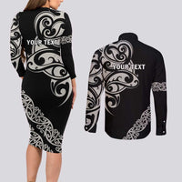 All Black Maori Tribal Tattoo Personalised Couples Matching Long Sleeve Bodycon Dress and Long Sleeve Button Shirt Stone Gray Polynesian Style LT9 - Polynesian Pride