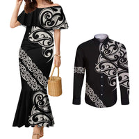 All Black Maori Tribal Tattoo Personalised Couples Matching Mermaid Dress and Long Sleeve Button Shirt Stone Gray Polynesian Style LT9 Gray - Polynesian Pride