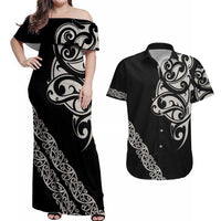 All Black Maori Tribal Tattoo Personalised Couples Matching Off Shoulder Maxi Dress and Hawaiian Shirt Stone Gray Polynesian Style LT9 Gray - Polynesian Pride
