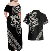 All Black Maori Tribal Tattoo Personalised Couples Matching Off Shoulder Maxi Dress and Hawaiian Shirt Stone Gray Polynesian Style LT9 - Polynesian Pride