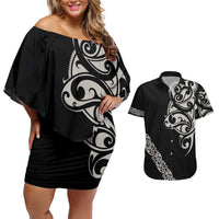 All Black Maori Tribal Tattoo Personalised Couples Matching Off Shoulder Short Dress and Hawaiian Shirt Stone Gray Polynesian Style LT9 Gray - Polynesian Pride