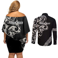 All Black Maori Tribal Tattoo Personalised Couples Matching Off Shoulder Short Dress and Long Sleeve Button Shirt Stone Gray Polynesian Style LT9 - Polynesian Pride