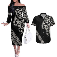 All Black Maori Tribal Tattoo Personalised Couples Matching Off The Shoulder Long Sleeve Dress and Hawaiian Shirt Stone Gray Polynesian Style LT9 Gray - Polynesian Pride