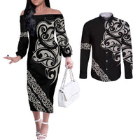 All Black Maori Tribal Tattoo Personalised Couples Matching Off The Shoulder Long Sleeve Dress and Long Sleeve Button Shirt Stone Gray Polynesian Style LT9 Gray - Polynesian Pride