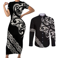 All Black Maori Tribal Tattoo Personalised Couples Matching Short Sleeve Bodycon Dress and Long Sleeve Button Shirt Stone Gray Polynesian Style LT9 Gray - Polynesian Pride