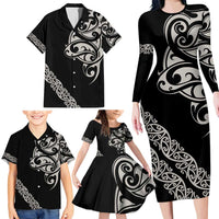All Black Maori Tribal Tattoo Personalised Family Matching Long Sleeve Bodycon Dress and Hawaiian Shirt Stone Gray Polynesian Style LT9 - Polynesian Pride