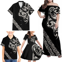 All Black Maori Tribal Tattoo Personalised Family Matching Off Shoulder Maxi Dress and Hawaiian Shirt Stone Gray Polynesian Style LT9 - Polynesian Pride