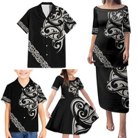 All Black Maori Tribal Tattoo Personalised Family Matching Puletasi and Hawaiian Shirt Stone Gray Polynesian Style LT9 - Polynesian Pride