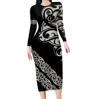 All Black Maori Tribal Tattoo Personalised Long Sleeve Bodycon Dress Stone Gray Polynesian Style LT9 Long Dress Gray - Polynesian Pride