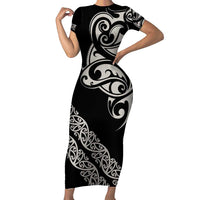 All Black Maori Tribal Tattoo Personalised Short Sleeve Bodycon Dress Stone Gray Polynesian Style LT9 Long Dress Gray - Polynesian Pride