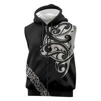 All Black Maori Tribal Tattoo Personalised Sleeveless Zip Hoodie Stone Gray Polynesian Style LT9