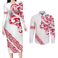 All White Maori Tribal Tattoo Personalised Couples Matching Long Sleeve Bodycon Dress and Long Sleeve Button Shirt Classic Red Polynesian Style LT9 Red - Polynesian Pride