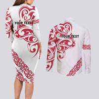 All White Maori Tribal Tattoo Personalised Couples Matching Long Sleeve Bodycon Dress and Long Sleeve Button Shirt Classic Red Polynesian Style LT9 - Polynesian Pride