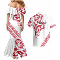 All White Maori Tribal Tattoo Personalised Couples Matching Mermaid Dress and Hawaiian Shirt Classic Red Polynesian Style LT9 - Polynesian Pride
