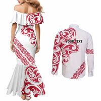 All White Maori Tribal Tattoo Personalised Couples Matching Mermaid Dress and Long Sleeve Button Shirt Classic Red Polynesian Style LT9 - Polynesian Pride
