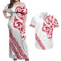All White Maori Tribal Tattoo Personalised Couples Matching Off Shoulder Maxi Dress and Hawaiian Shirt Classic Red Polynesian Style LT9 Red - Polynesian Pride