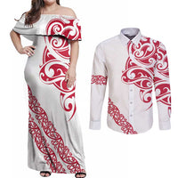All White Maori Tribal Tattoo Personalised Couples Matching Off Shoulder Maxi Dress and Long Sleeve Button Shirt Classic Red Polynesian Style LT9 Red - Polynesian Pride