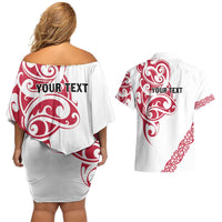 All White Maori Tribal Tattoo Personalised Couples Matching Off Shoulder Short Dress and Hawaiian Shirt Classic Red Polynesian Style LT9 - Polynesian Pride