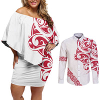 All White Maori Tribal Tattoo Personalised Couples Matching Off Shoulder Short Dress and Long Sleeve Button Shirt Classic Red Polynesian Style LT9 Red - Polynesian Pride