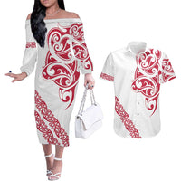 All White Maori Tribal Tattoo Personalised Couples Matching Off The Shoulder Long Sleeve Dress and Hawaiian Shirt Classic Red Polynesian Style LT9 Red - Polynesian Pride