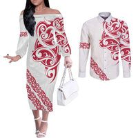 All White Maori Tribal Tattoo Personalised Couples Matching Off The Shoulder Long Sleeve Dress and Long Sleeve Button Shirt Classic Red Polynesian Style LT9 Red - Polynesian Pride