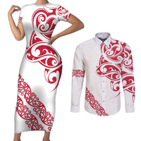 All White Maori Tribal Tattoo Personalised Couples Matching Short Sleeve Bodycon Dress and Long Sleeve Button Shirt Classic Red Polynesian Style LT9 Red - Polynesian Pride