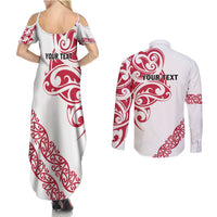 All White Maori Tribal Tattoo Personalised Couples Matching Summer Maxi Dress and Long Sleeve Button Shirt Classic Red Polynesian Style LT9 - Polynesian Pride