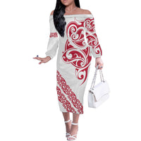 All White Maori Tribal Tattoo Personalised Off The Shoulder Long Sleeve Dress Classic Red Polynesian Style LT9 Women Red - Polynesian Pride