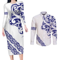All White Maori Tribal Tattoo Personalised Couples Matching Long Sleeve Bodycon Dress and Long Sleeve Button Shirt Dark Blue Polynesian Style LT9 Blue - Polynesian Pride