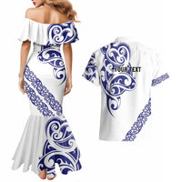 All White Maori Tribal Tattoo Personalised Couples Matching Mermaid Dress and Hawaiian Shirt Dark Blue Polynesian Style LT9 - Polynesian Pride